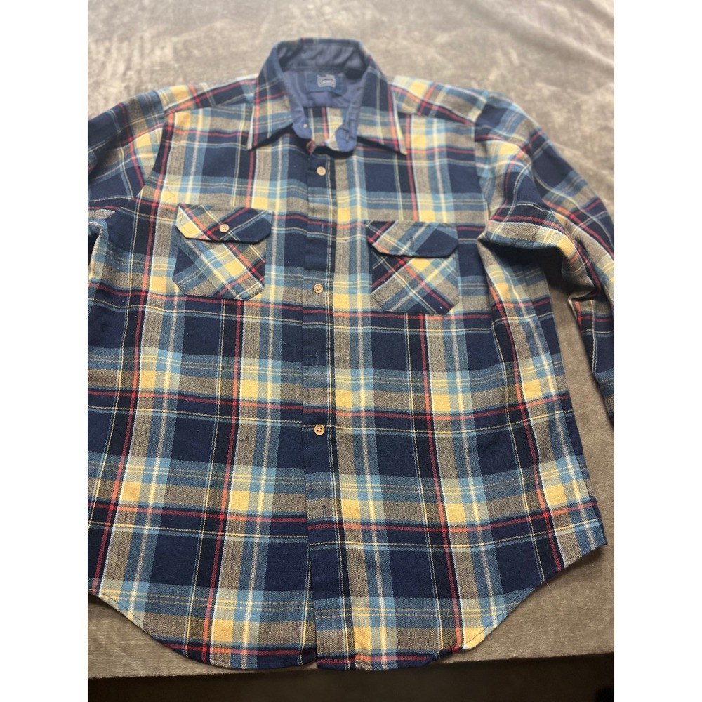 Vintage Sears Mens‎ L Blue Plaid Flannel Shirt Long Sleeve Button Up 15-15 1/2